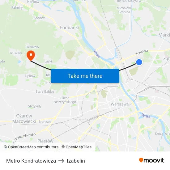 Metro Kondratowicza to Izabelin map