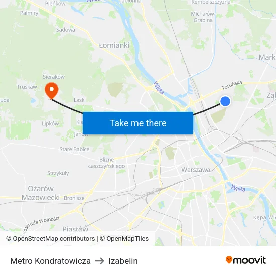 Metro Kondratowicza to Izabelin map