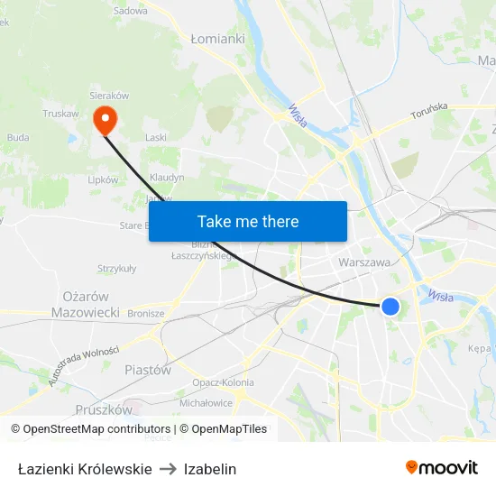Łazienki Królewskie to Izabelin map