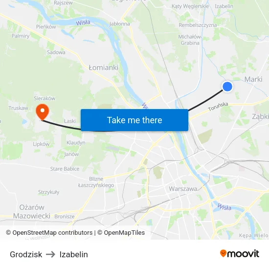 Grodzisk to Izabelin map