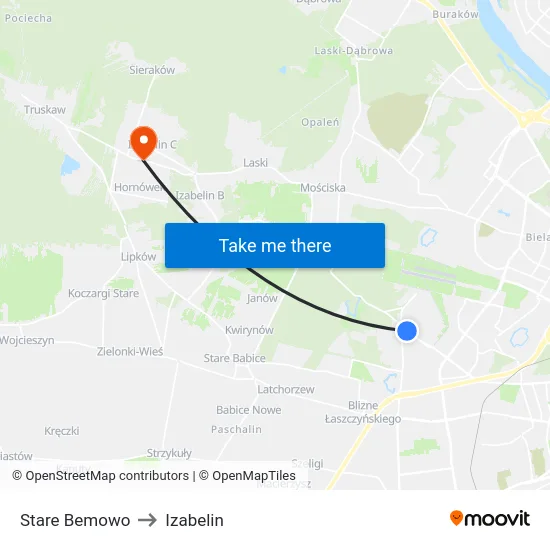 Stare Bemowo to Izabelin map