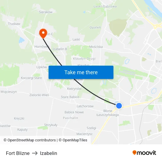 Fort Blizne to Izabelin map