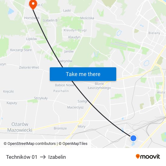 Techników to Izabelin map