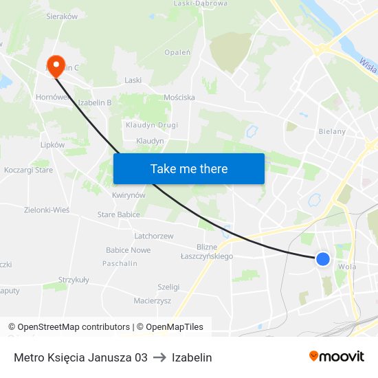 Metro Księcia Janusza to Izabelin map