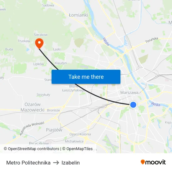 Metro Politechnika to Izabelin map