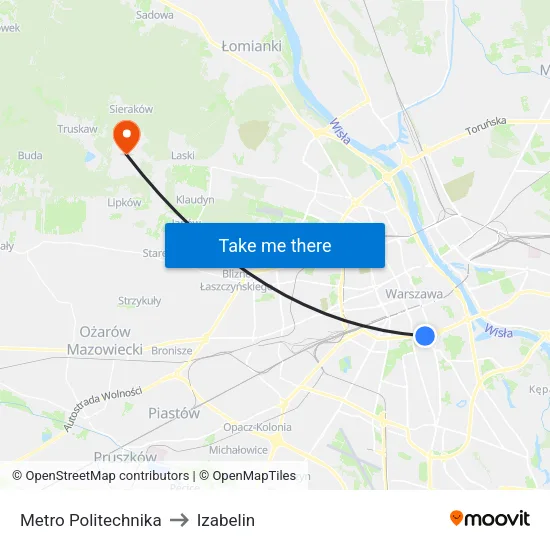 Metro Politechnika to Izabelin map