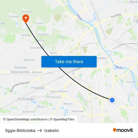 SGGW - Biblioteka to Izabelin map