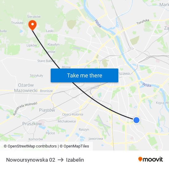 Nowoursynowska to Izabelin map