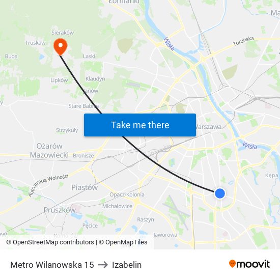 Metro Wilanowska 15 to Izabelin map