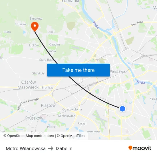 Metro Wilanowska to Izabelin map
