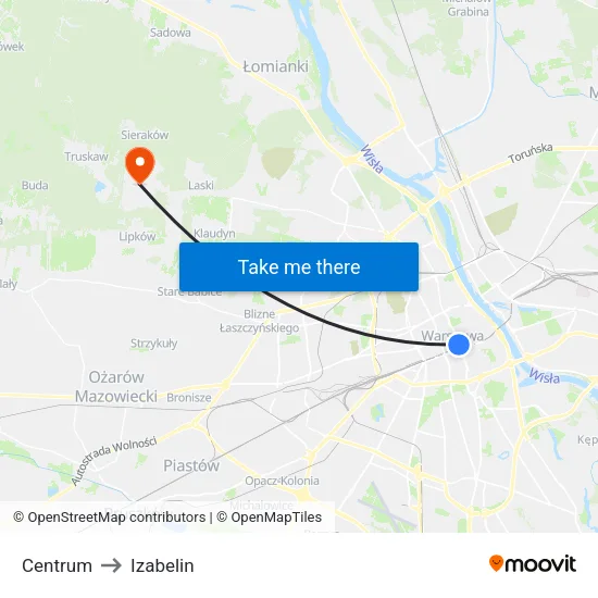 Centrum to Izabelin map
