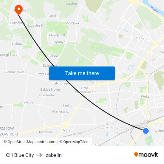 CH Blue City to Izabelin map