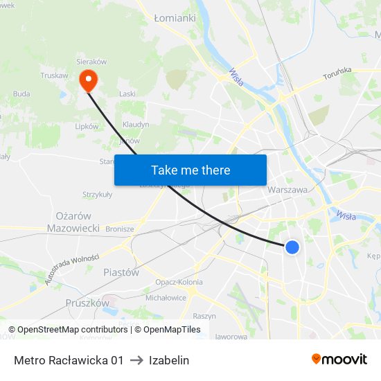 Metro Racławicka to Izabelin map