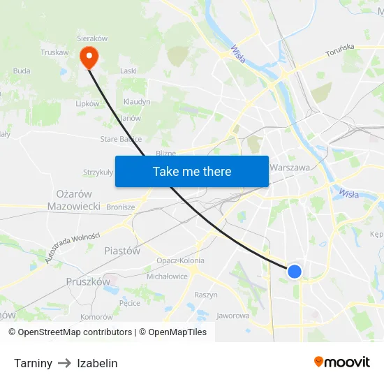 Tarniny to Izabelin map