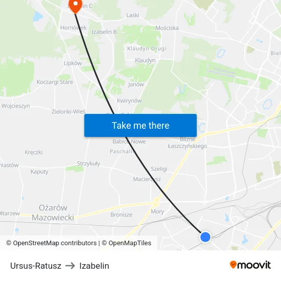 Ursus - Ratusz to Izabelin map