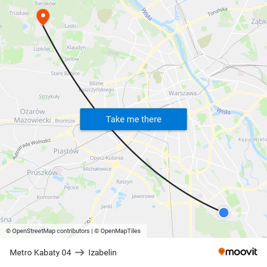 Metro Kabaty to Izabelin map