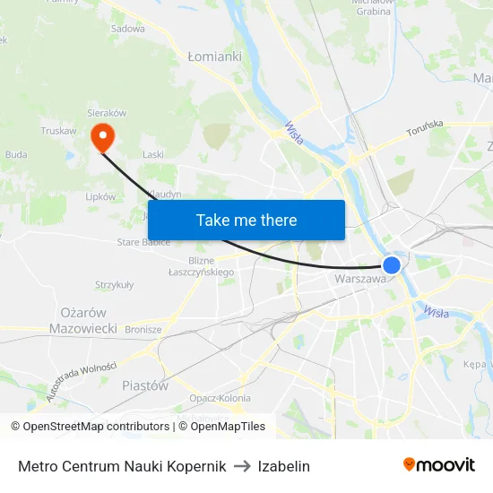 Metro Centrum Nauki Kopernik to Izabelin map