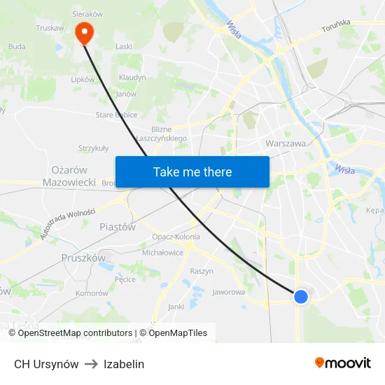 CH Ursynów to Izabelin map