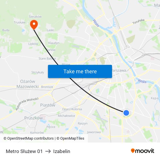 Metro Służew to Izabelin map