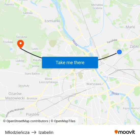 Młodzieńcza to Izabelin map