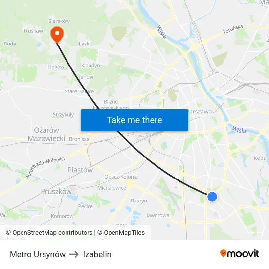 Metro Ursynów to Izabelin map
