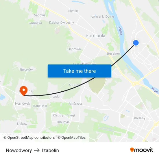 Nowodwory to Izabelin map
