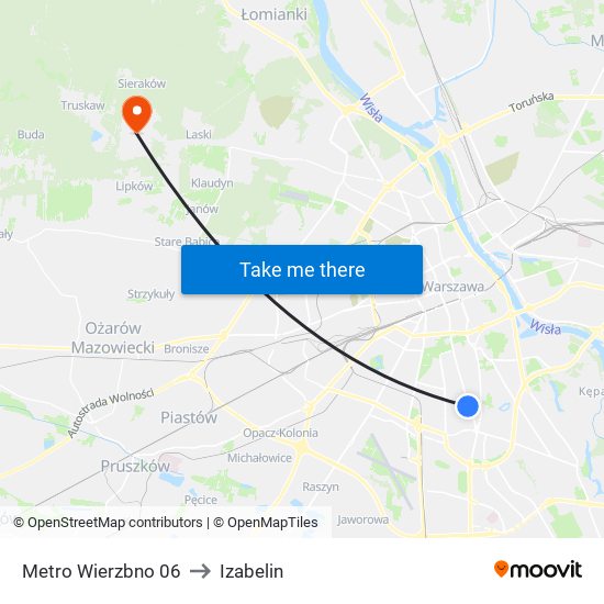 Metro Wierzbno to Izabelin map