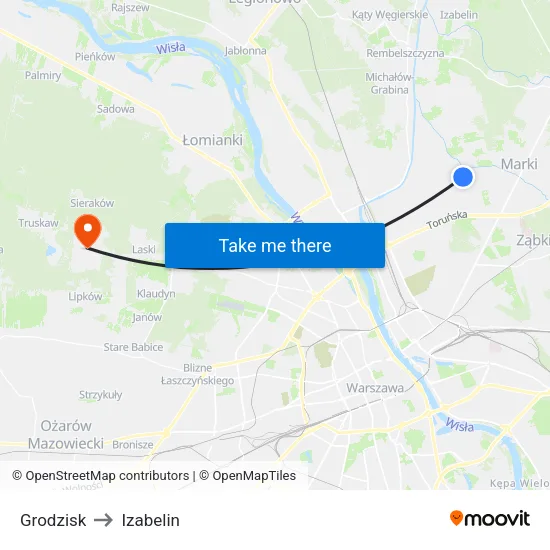 Grodzisk to Izabelin map