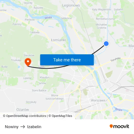 Nowiny to Izabelin map