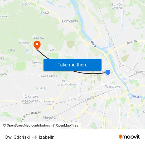 Dw. Gdański to Izabelin map