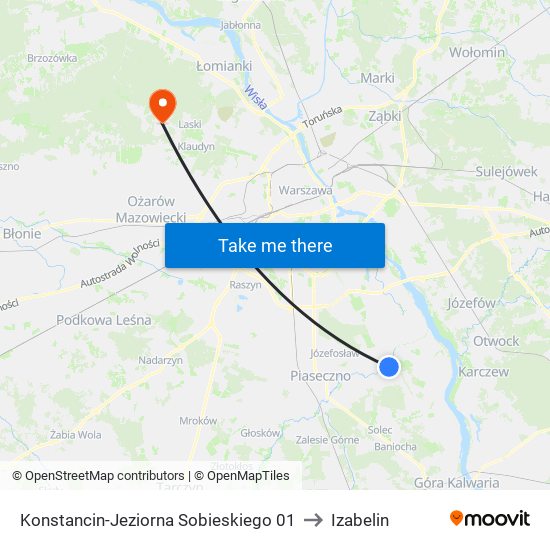 Konstancin-Jeziorna Sobieskiego to Izabelin map