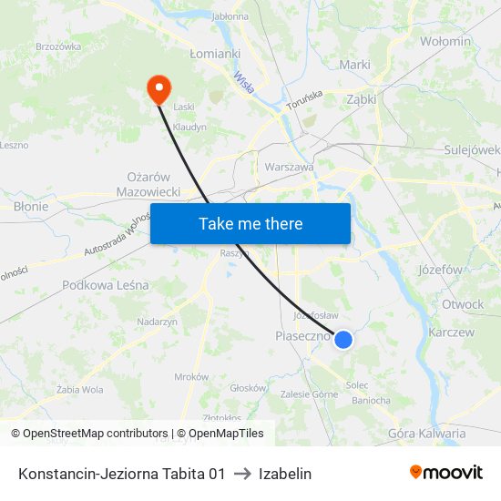 Konstancin-Jeziorna Tabita 01 to Izabelin map