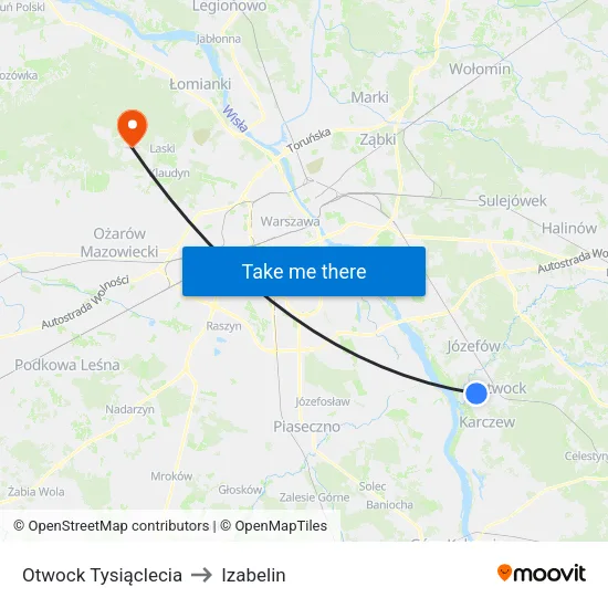 Otwock Tysiąclecia to Izabelin map
