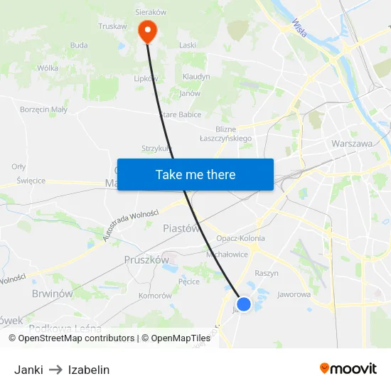 Janki to Izabelin map