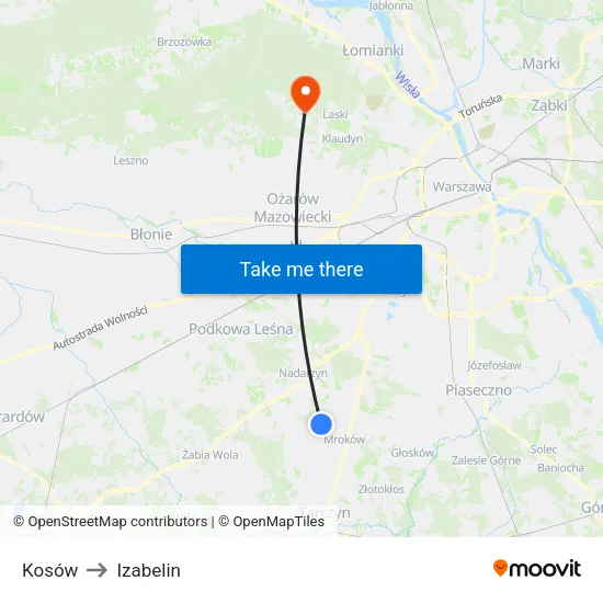 Kosów to Izabelin map