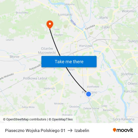 Piaseczno Wojska Polskiego to Izabelin map