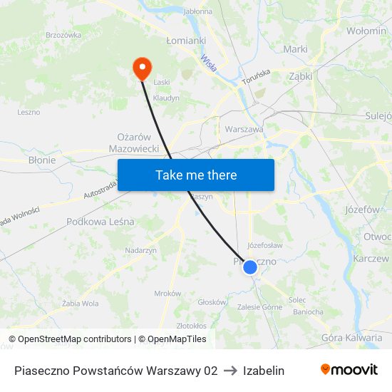 Piaseczno Powstańców Warszawy 02 to Izabelin map