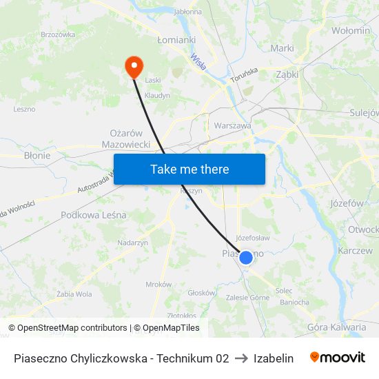 Piaseczno Chyliczkowska-Technikum to Izabelin map