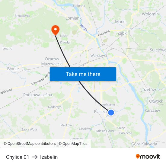 Chylice to Izabelin map