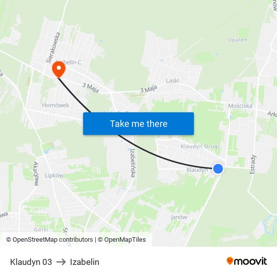 Klaudyn to Izabelin map