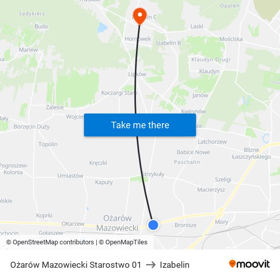 Ożarów Mazowiecki Starostwo to Izabelin map