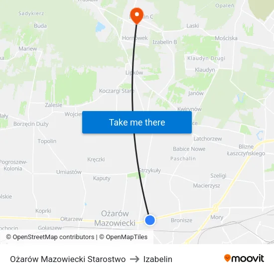 Ożarów Mazowiecki Starostwo to Izabelin map