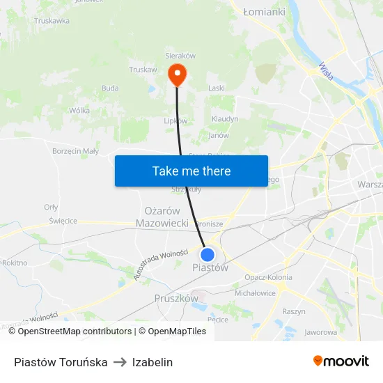Piastów Toruńska to Izabelin map