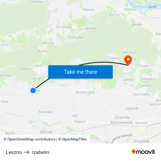 Leszno to Izabelin map
