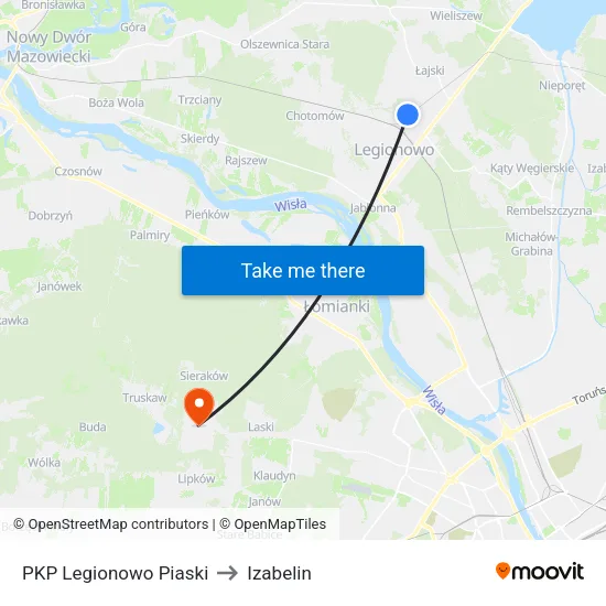 PKP Legionowo Piaski to Izabelin map