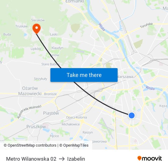 Metro Wilanowska to Izabelin map