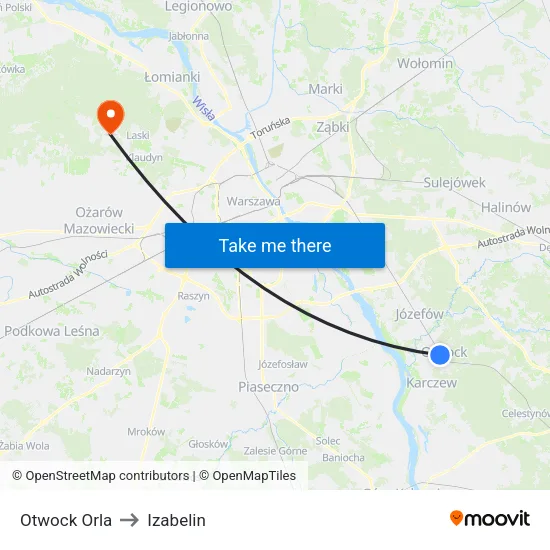 Otwock Orla to Izabelin map
