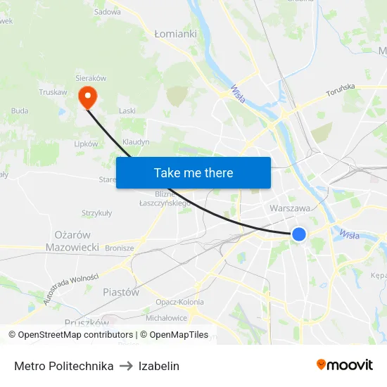 Metro Politechnika to Izabelin map