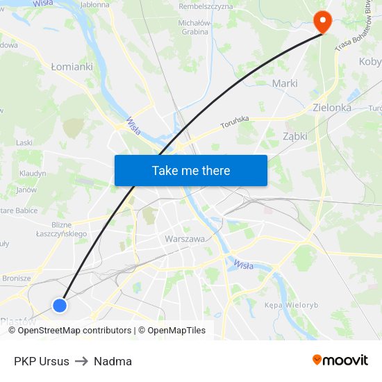 PKP Ursus to Nadma map