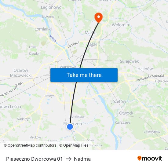 Piaseczno Dworcowa 01 to Nadma map